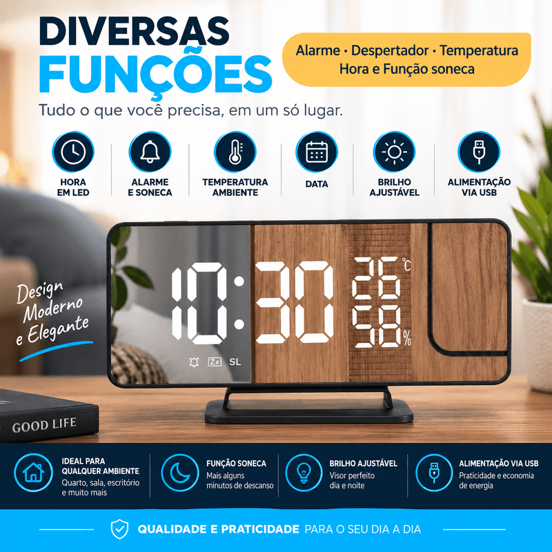 TimeLux projetor hora teto parede luz suave noite