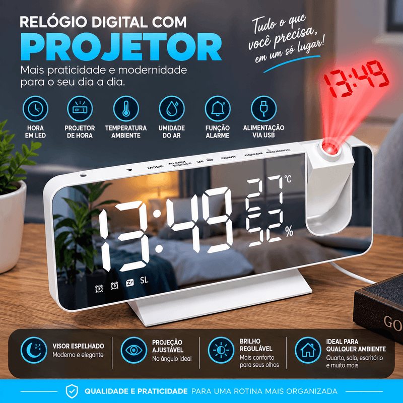TimeLux Relógio Projetor Hora LED Espelhado USB Alarme