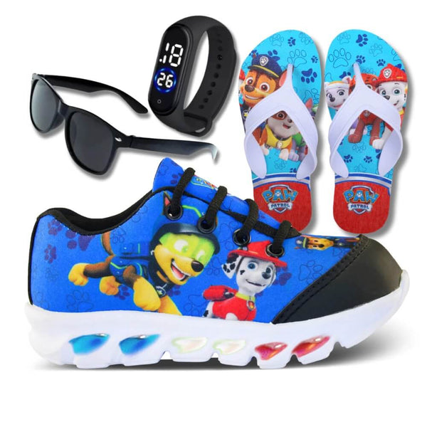 Kit Patrulha Canina: Tênis LED + Chinelo + Relógio & Óculos