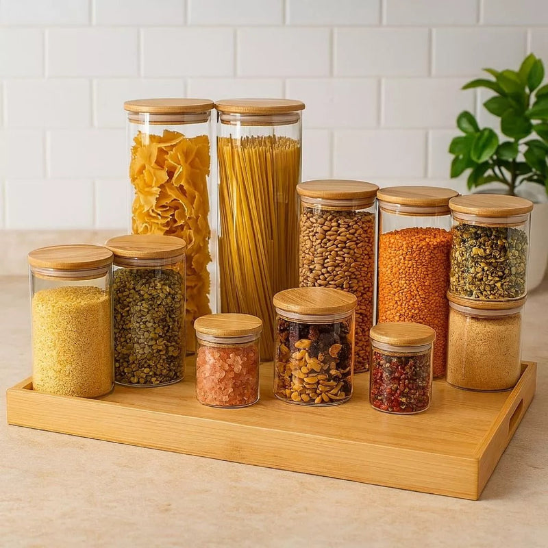 BambooStore kit 11 potes vidro bambu resultado cozinha organizada