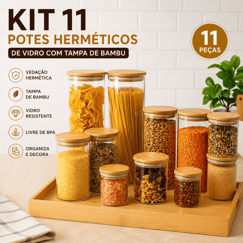 BambooStore Kit 11 Potes Herméticos Vidro Tampa Bambu Cozinha